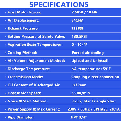 10HP Rotary Screw Air Compressor 34CFM 125PSI 230V 3PHASE 60HZ