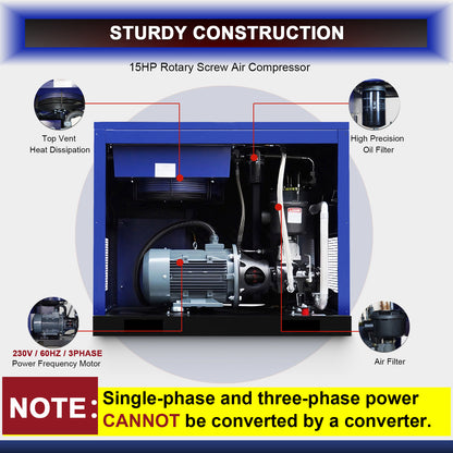 15HP Rotary Screw Air Compressor 56 CFM 125PSI 230V 3PHASE 60HZ