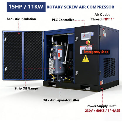 15HP Rotary Screw Air Compressor 56 CFM 125PSI 230V 3PHASE 60HZ