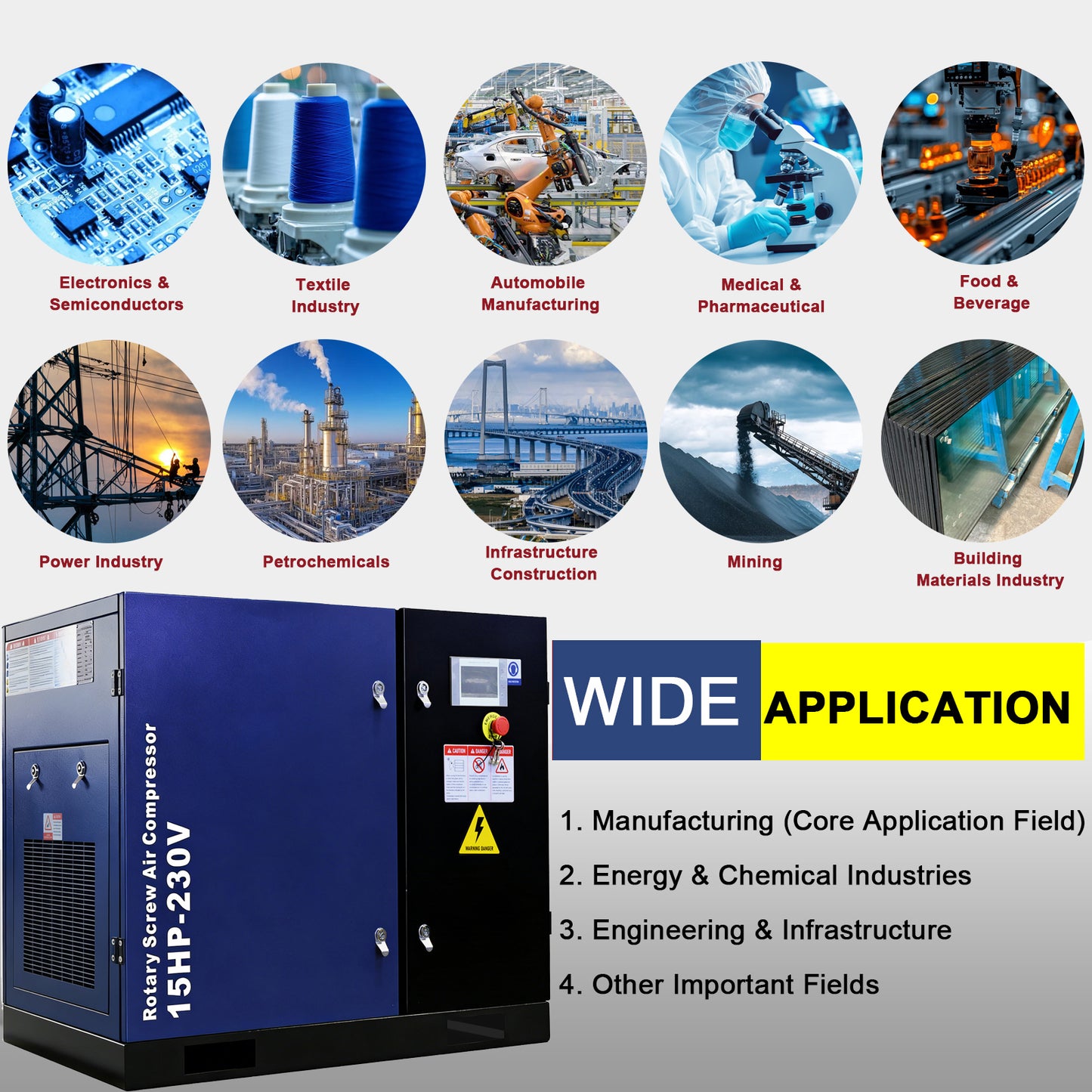 15HP Rotary Screw Air Compressor 56 CFM 125PSI 230V 3PHASE 60HZ