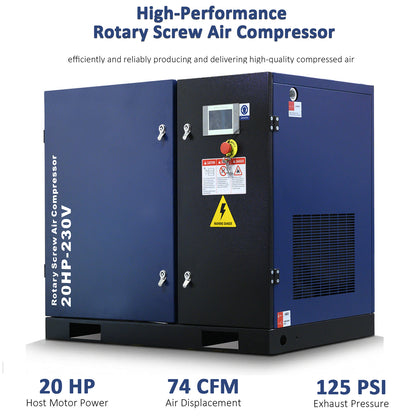 20HP Rotary Screw Air Compressor 74CFM 125PSI 230V 3PHASE 60HZ