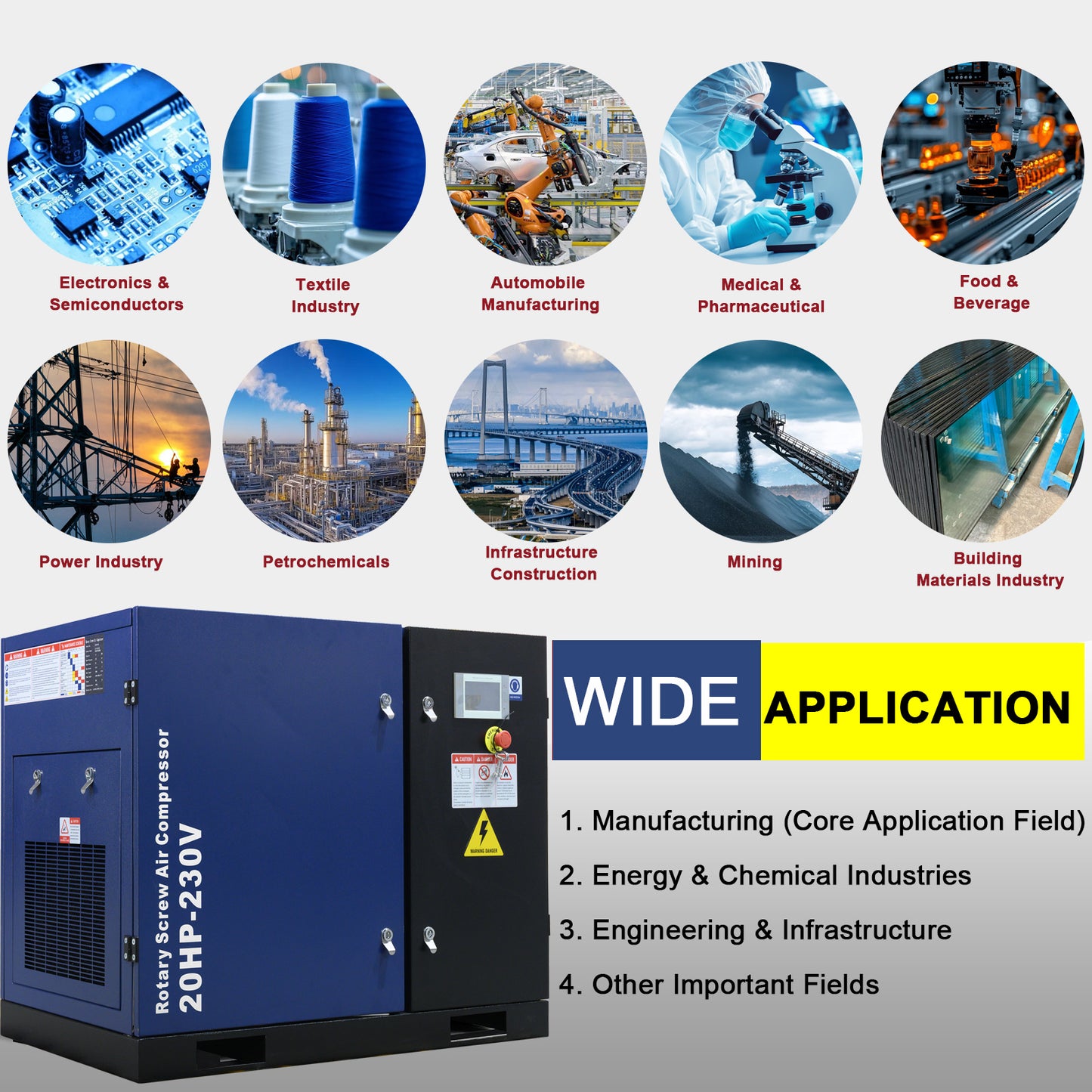20HP Rotary Screw Air Compressor 74CFM 125PSI 230V 3PHASE 60HZ
