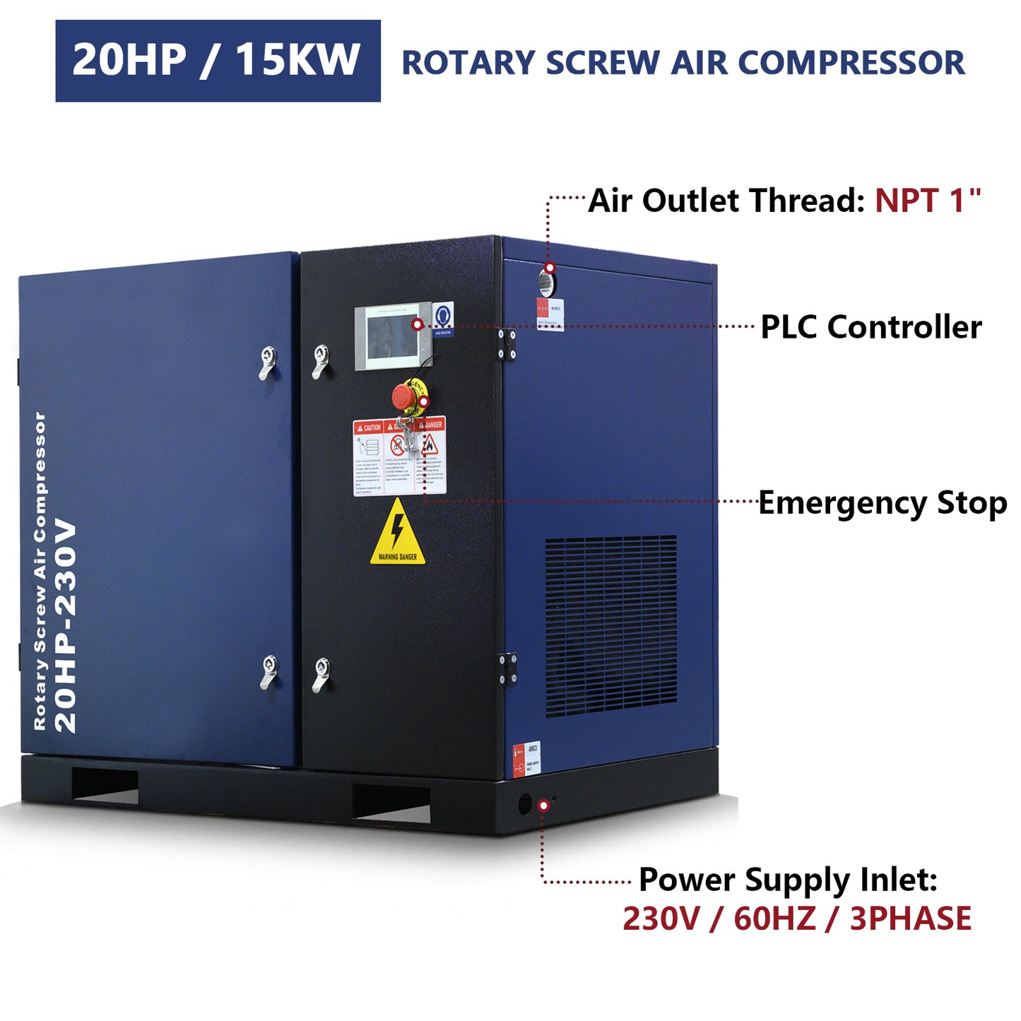 20HP Rotary Screw Air Compressor 74CFM 125PSI 230V 3PHASE 60HZ