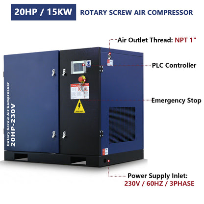 20HP Rotary Screw Air Compressor 74CFM 125PSI 230V 3PHASE 60HZ