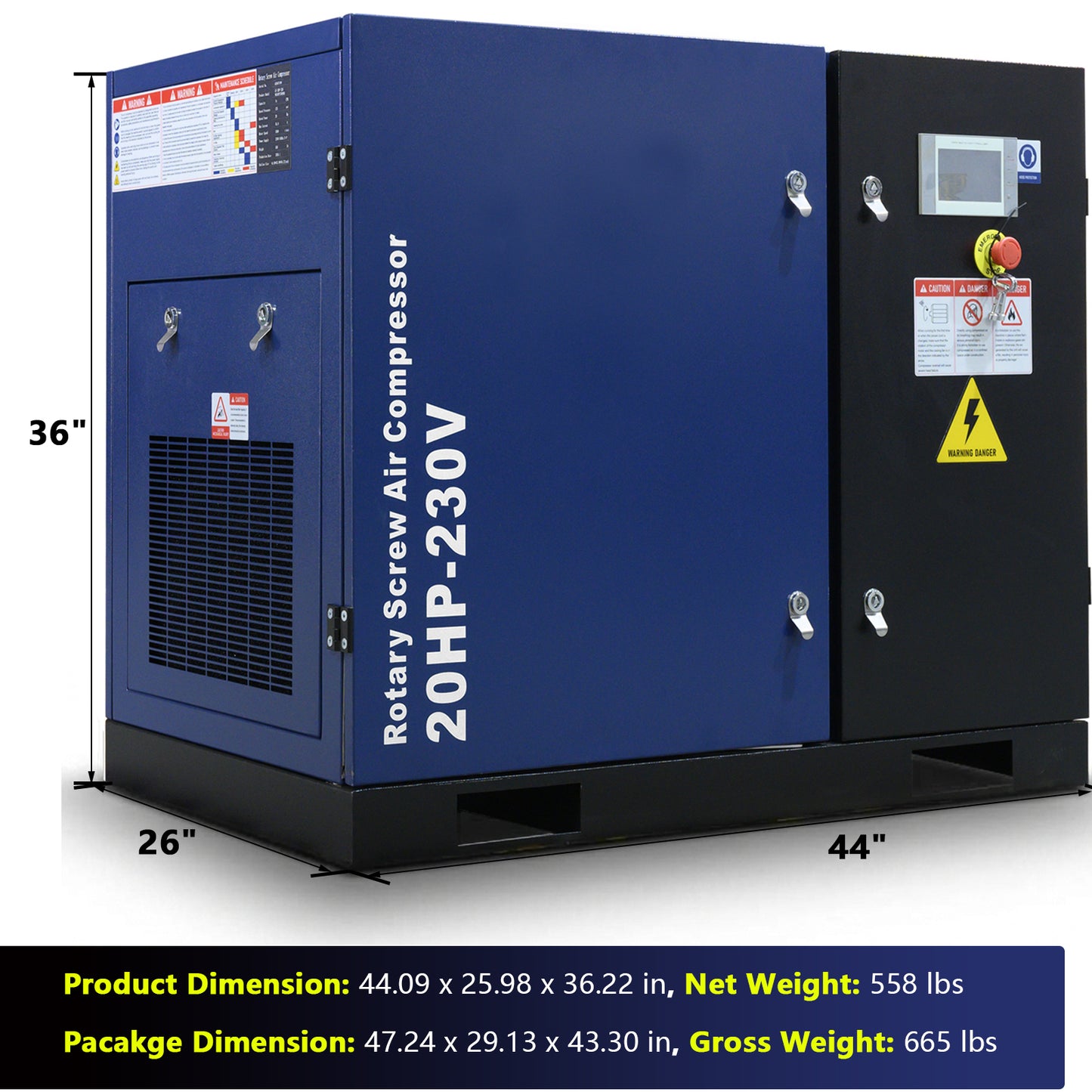 20HP Rotary Screw Air Compressor 74CFM 125PSI 230V 3PHASE 60HZ