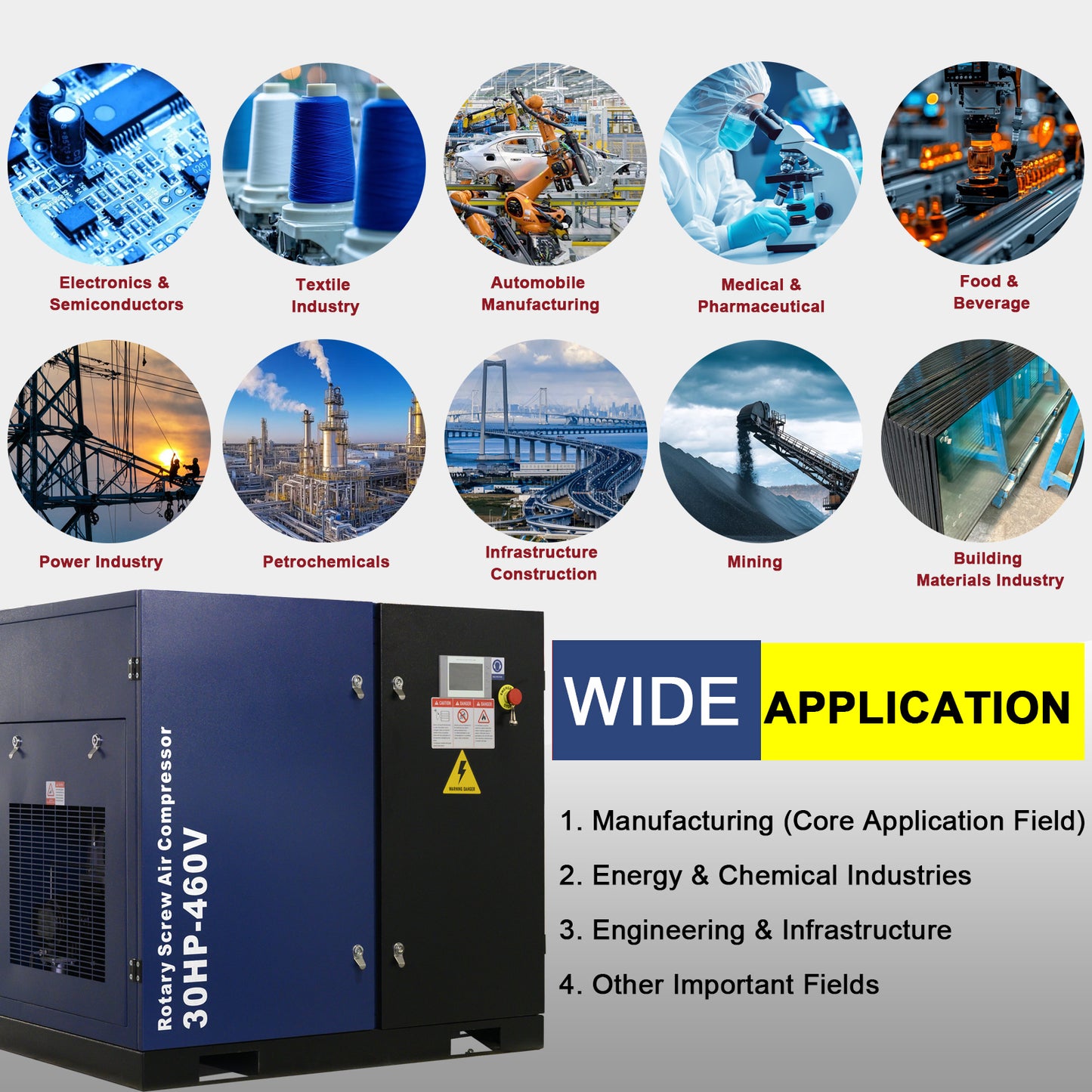 30HP Rotary Screw Air Compressor 123CFM 125PSI 460V 3PHASE 60HZ Fixed Speed Compressor
