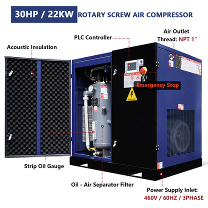 30HP Rotary Screw Air Compressor 123CFM 125PSI 460V 3PHASE 60HZ Fixed Speed Compressor
