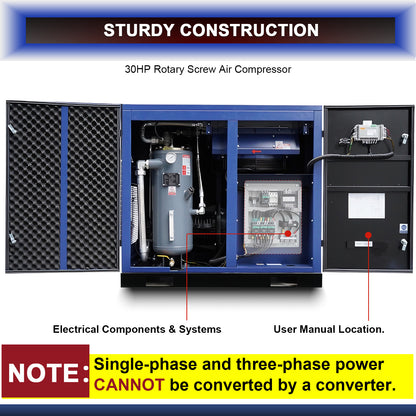 30HP Rotary Screw Air Compressor 123CFM 125PSI 460V 3PHASE 60HZ Fixed Speed Compressor