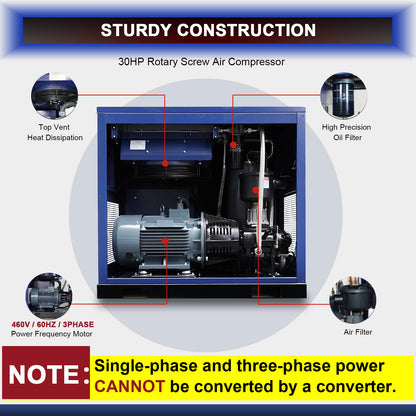 30HP Rotary Screw Air Compressor 123CFM 125PSI 460V 3PHASE 60HZ Fixed Speed Compressor