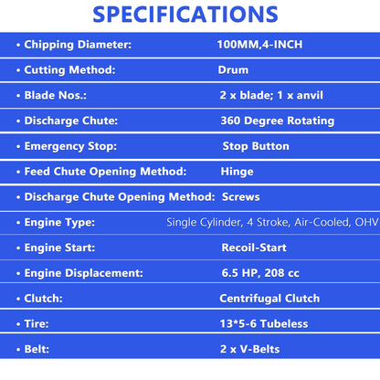 4-Inch 208cc 6.5HP Gas Powered Wood Chipper