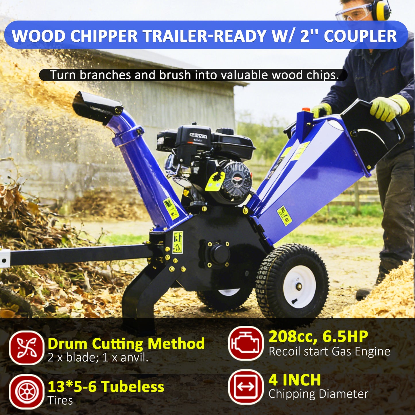 4-Inch 208cc 6.5HP Gas Powered Wood Chipper