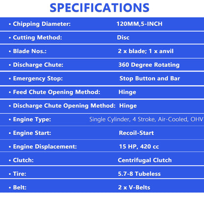 5-Inch 420cc 15HP Gas Powered Disc Wood Chipper