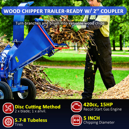 5-Inch 420cc 15HP Gas Powered Disc Wood Chipper