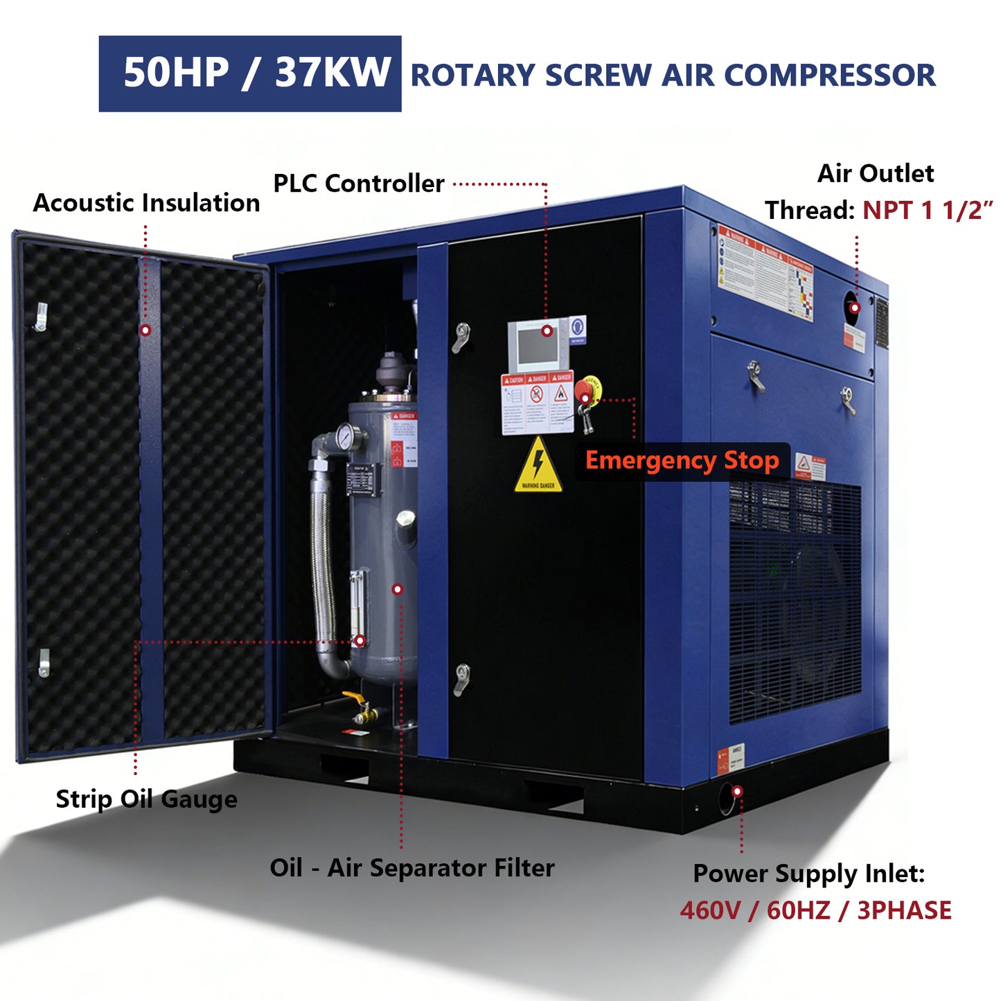 50HP Rotary Screw Air Compressor 219CFM 125PSI 460V 3PHASE 60HZ Fixed Speed Compressor