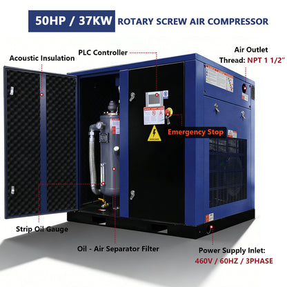 50HP Rotary Screw Air Compressor 219CFM 125PSI 460V 3PHASE 60HZ Fixed Speed Compressor