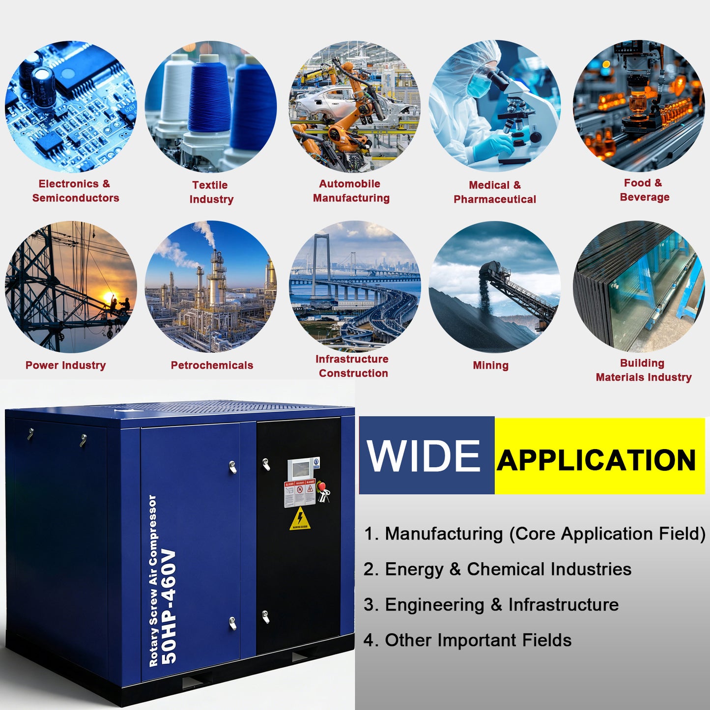 50HP Rotary Screw Air Compressor 219CFM 125PSI 460V 3PHASE 60HZ Fixed Speed Compressor