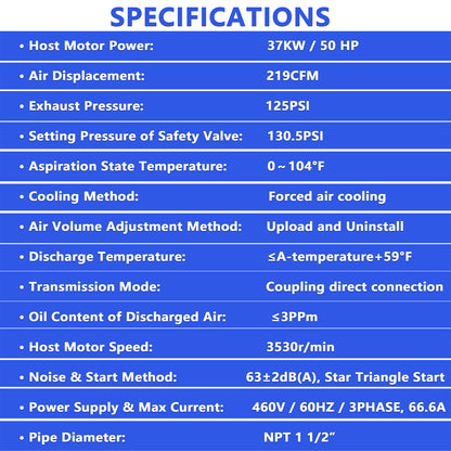 50HP Rotary Screw Air Compressor 219CFM 125PSI 460V 3PHASE 60HZ Fixed Speed Compressor