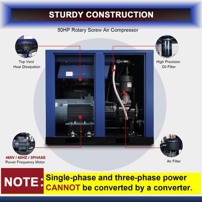 50HP Rotary Screw Air Compressor 219CFM 125PSI 460V 3PHASE 60HZ Fixed Speed Compressor