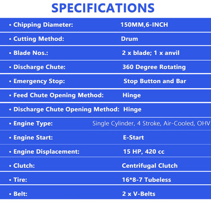 6-Inch 420cc 15HP Gas Powered Wood Chipper