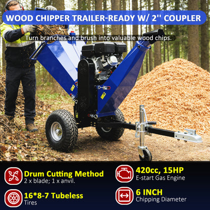 6-Inch 420cc 15HP Gas Powered Wood Chipper