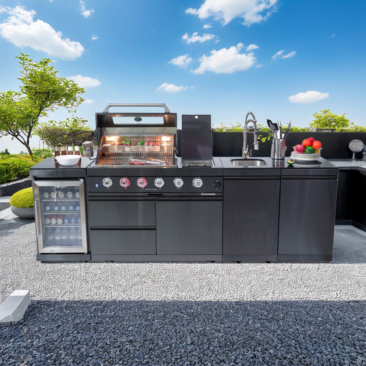 Outdoor Barbecue Gas Grill with Wine Cooler Compact Refrigerator