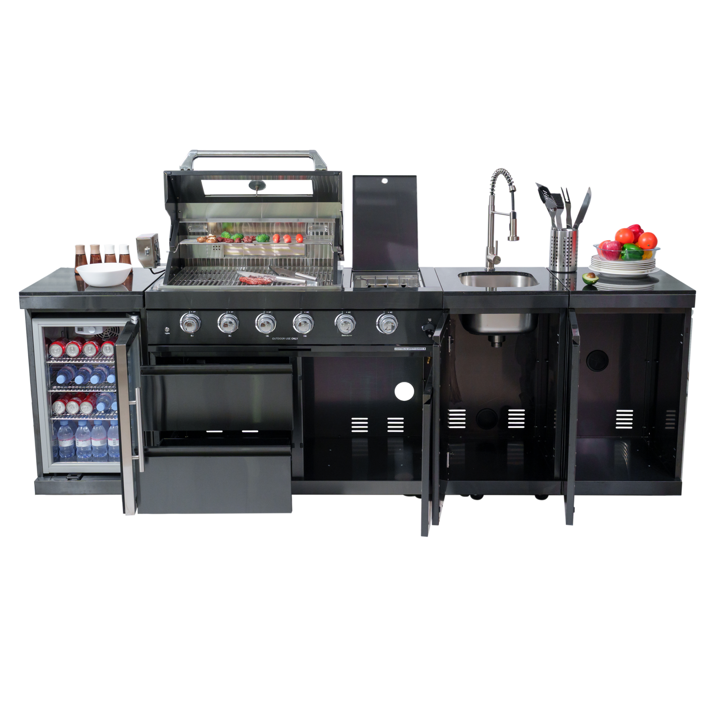 Outdoor Barbecue Gas Grill with Wine Cooler Compact Refrigerator
