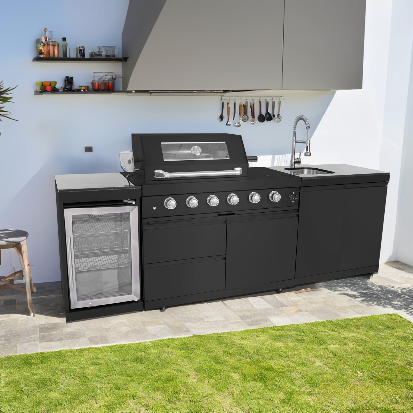 Outdoor Barbecue Gas Grill with Wine Cooler Compact Refrigerator